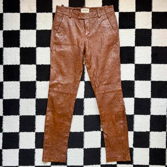 Zadig & Voltaire Prune Crinkle Leather Brown Pants M - Picture 1 of 8